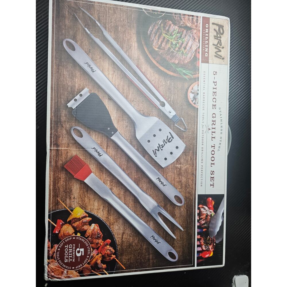 PARINI 5 PIECE GRILL TOOL SET - TONGS, FORK, SPATULA, BASTING & CLEANING BRUSH